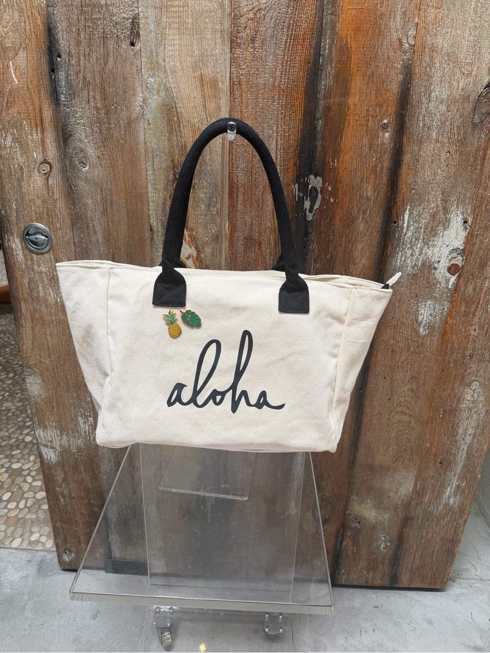 Canvas 'Aloha' Tote Bag with Black Handles - Cream